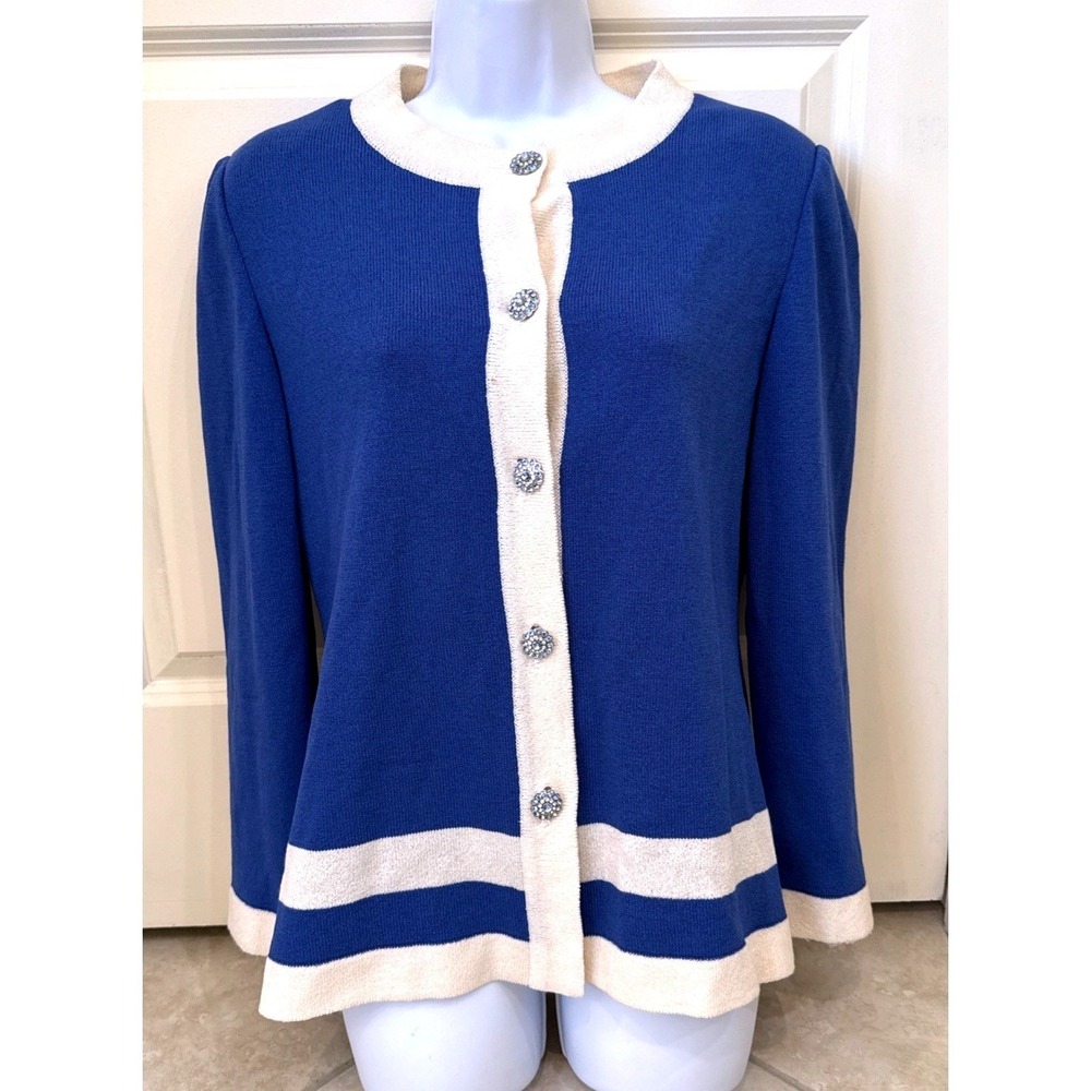 Astuces Royal Blue Knit Cardigan Rhinestone Flower Buttons Cream Trim Preppy